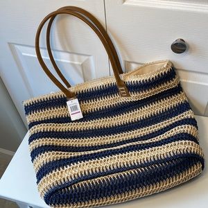 Brand new (w tags) straw tote bag, navy and cream striped pattern